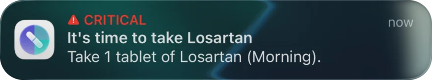 A critical alert notification on the Lock Screen with buttons to mark a dose taken or snooze it.